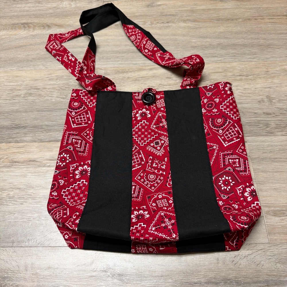 Red Bandana-Print Canvas Handmade Tote Bag with Black Panels